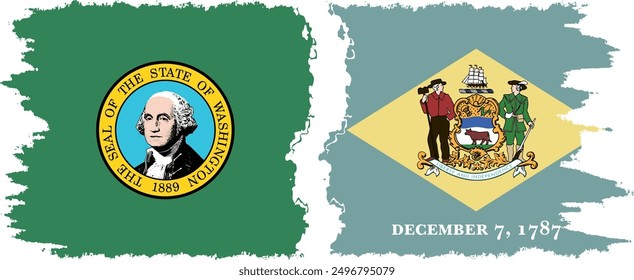 Delaware and Washington states grunge brush flags connection, vector