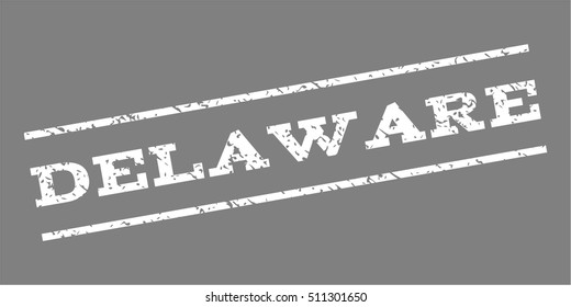 Delaware watermark stamp. Text caption between parallel lines with grunge design style. Rubber seal stamp with scratched texture. Vector white color ink imprint on a gray background.