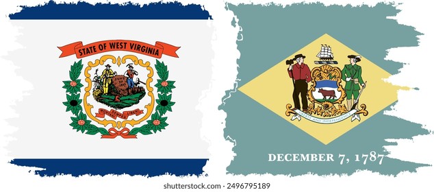 Delaware and West Virginia states grunge brush flags connection, vector