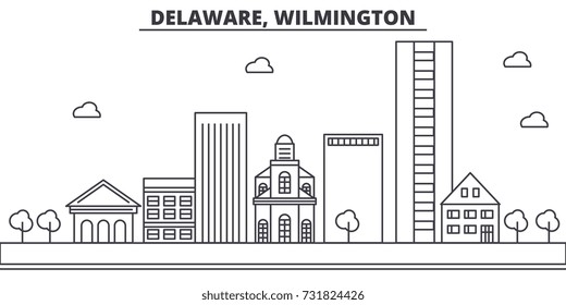 Delaware, Wilmington architecture line skyline illustration. Linear vector cityscape with famous landmarks, city sights, design icons. Landscape wtih editable strokes