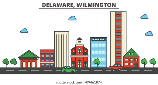 Delaware, Wilmington.City skyline: architecture, buildings, streets, silhouette, landscape, panorama, landmarks, icons. Editable strokes. Flat design line vector illustration concept.