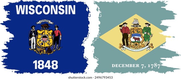 Delaware and Wisconsin states grunge brush flags connection, vector