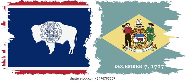 Delaware and Wyoming states grunge brush flags connection, vector