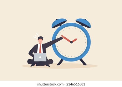 Delay concept, Stop time to dealing with urgent projects or handle errors. 	
Time on clock stop.

Businessman holding the minute hand to push turn back time.