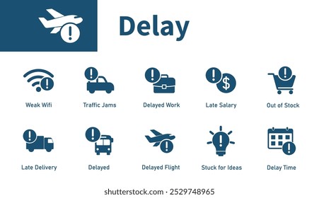 Ícones de atraso. Conjunto de ícones sobre o tema de atrasado, atrasado, engarrafamento, trabalho, voo atrasado. Ícones de vetor sólido.
