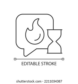 Delay response time linear icon. Getting furious. Time to settle down. Reaction to situation. Thin line illustration. Contour symbol. Vector outline drawing. Editable stroke. Arial font used