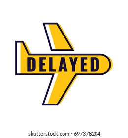 Delayed. Aircraft icon. Flat vector badge, logo illustration on white background.
