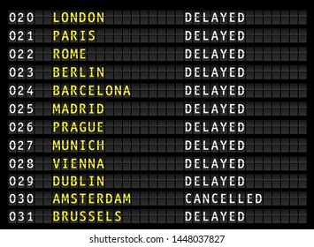 Delayed And Cancelled Flights On Airport Information Display Board, Vector Illustration