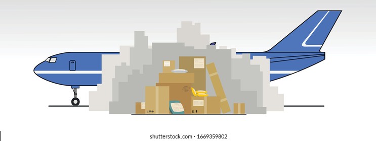 Delayed delivery of goods, parcels, online purchases from China due to coronavirus, 2019-nCov, covid-19. Bad mail, delivery interruptions. Mountains, heaps of unsent mailboxes; airplane