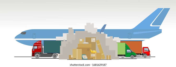 Delayed delivery of goods, parcels, packages, online purchases from China due to coronavirus, 2019-nCov, covid-19. Poor mail, delivery interruptions. Mountains of unsent boxes, trucks, airplane. 