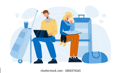 Delayed Flight Family Wait On Airport Vector. Man Working On Laptop And Woman Reading Book For Little Girl Daughter, Delay Problem. Characters And Luggage Flat Cartoon Illustration