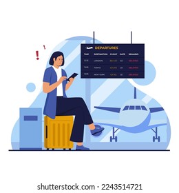 Delayed flight illustration design concept. Illustration for website, landing page, mobile app, poster and banner. Trendy flat vector illustration