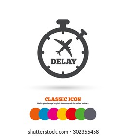 Delayed Flight Sign Icon. Airport Delay Timer Symbol. Airplane Icon. Classic Flat Icon. Colored Circles. Vector