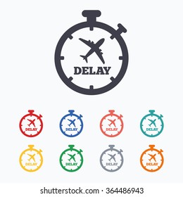 Delayed flight sign icon. Airport delay timer symbol. Airplane icon. Colored flat icons on white background.