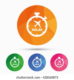 Delayed flight sign icon. Airport delay timer symbol. Airplane icon. Triangular low poly button with flat icon. Vector