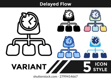 Delayed Flow icon for illustrating workflow delay systems, postponed process progression, and scheduling disruption concepts. Line, Filled, Color, Dualtone style.