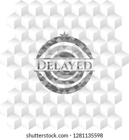 Delayed grey emblem. Retro with geometric cube white background
