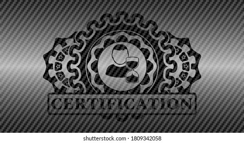delayed icon and Certification text carbon fiber emblem. Polymer texture fashionable background. Vector illustration. 