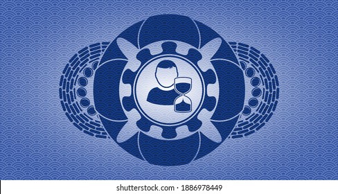 delayed icon inside blue japanese style realistic badge. Geometric exquisite background. Artistic illustration. 