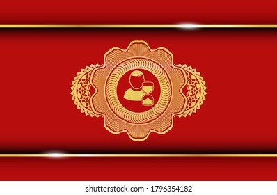 icono retrasado dentro del color rojo y emblema realista de oro. El entorno tradicional y exquisito. Ilustración. 