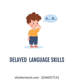 Delayed language skills in children as symptom of autism or developmental disorder. Speech therapy and Autism early diagnosis, flat vector illustration isolated on white.