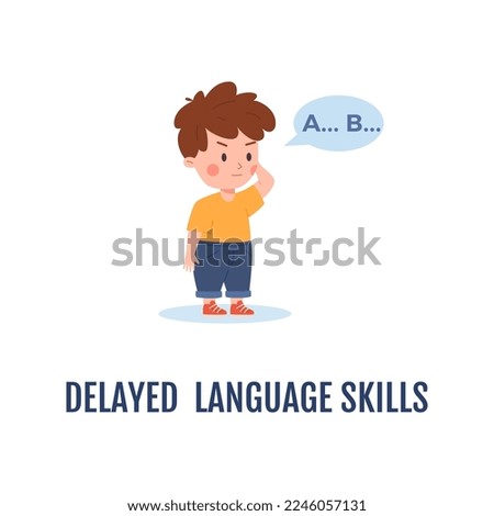Delayed language skills in children as symptom of autism or developmental disorder. Speech therapy and Autism early diagnosis, flat vector illustration isolated on white.