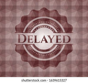 Delayed red seamless emblem or badge with abstract geometric pattern background.