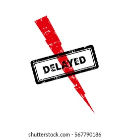 Delayed Rubber Stamp with red thunder icon. Grungy look. Isolated on white Background.
