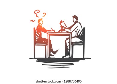 Delayed, speech, development, child, problem concept. Hand drawn boy with speech problems at lesson concept sketch. Isolated vector illustration.