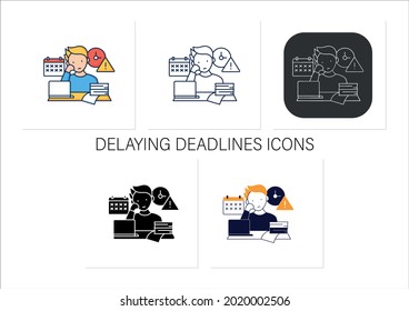 Delaying deadlines icons set.Schedule gets out.Task execution delay.Postpone unpleasant tasks for later.Procrastination.Collection of icons in linear,filled, color styles.Isolated vector illustrations