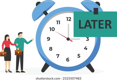 Atrasar o trabalho. Relógio despertador com anotações escritas na palavra depois. Serviço de suporte 24 horas por dia, 7 dias por semana, horário de trabalho. Ilustração de vetor plano.


