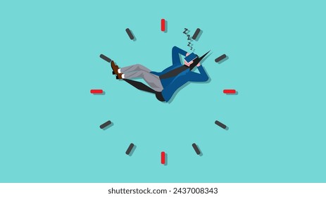 delaying work or wasting time, laziness to do a task or job, lazy businessman sleeping soundly on clockwork with a book covering his face concept vector illustration with flat design style