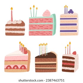 Delectable Array Of Cake Slices Adorned With Flickering Candles, Casting A Warm, Celebratory Glow and Tasty Cream Swirls, Perfect For A Birthday Or Special Occasion. Cartoon Vector Illustration