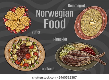A delectable array of Norwegian culinary delights presented in a set of hand-drawn vector illustrations against a dark backdrop.

