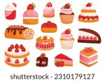 Delectable Assortment Of Strawberry Desserts, Including Strawberry Cake, Muffin, Shortcake, Cheesecake with Mousse. Sweet And Fruity Indulgence Isolated Icons, Elements. Cartoon Vector Illustration