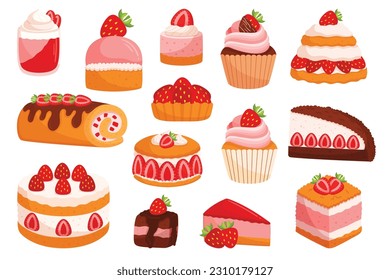 Delectable Assortment Of Strawberry Desserts, Including Strawberry Cake, Muffin, Shortcake, Cheesecake with Mousse. Sweet And Fruity Indulgence Isolated Icons, Elements. Cartoon Vector Illustration