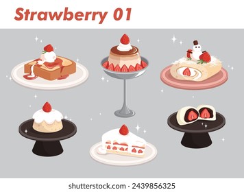 Delectable Assortment Of Strawberry Desserts, Including Chiffon Cake, Sponge Cake, Custard Pudding, Swiss Roll, French Toast, and Japan Daifuku. Cartoon Vector Illustration