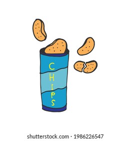 Delectable Chip Tube: A hand-drawn illustration featuring a tempting chips tube on a white background. Perfect for snack and fast-food-themed projects, adding a touch of irresistible flavor.