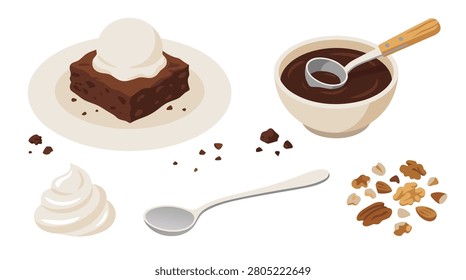 A delectable chocolate brownie topped with a scoop of vanilla ice cream, served alongside a bowl of warm fudge sauce, whipped cream, and nuts.