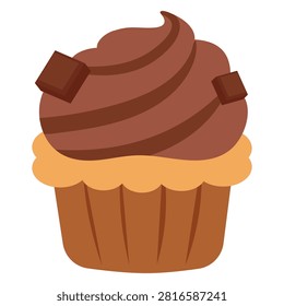 Delectable chocolate cupcake with rich swirled frosting and delicious candy chunks isolated on white