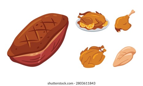 A delectable collection of cooked poultry and meat, featuring a succulent duck breast, a whole roasted chicken, a roasted duck leg, and a raw chicken breast.