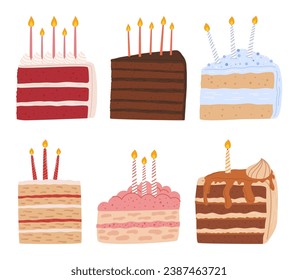 Delectable Ensemble Of Cake Slices Adorned With Flickering Candles, Radiating Warmth And Joy. A Sweet Celebration In Every Bite, Perfect For Any Special Occasion. Cartoon Vector Illustration