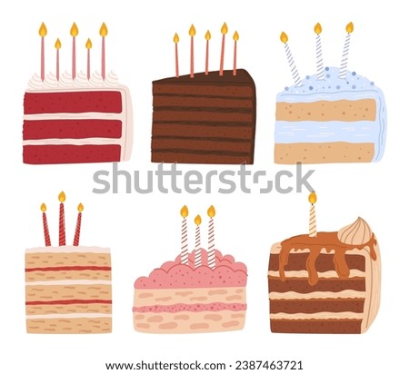 Delectable Ensemble Of Cake Slices Adorned With Flickering Candles, Radiating Warmth And Joy. A Sweet Celebration In Every Bite, Perfect For Any Special Occasion. Cartoon Vector Illustration