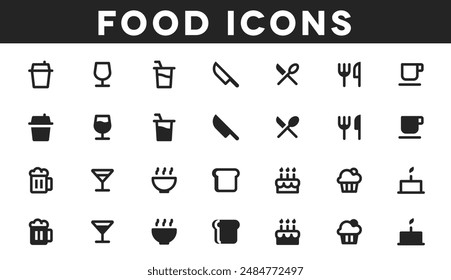 Delectable food icons featuring restaurant delights, drinkware, and sweet treats, ideal for culinary graphics and menu designs.