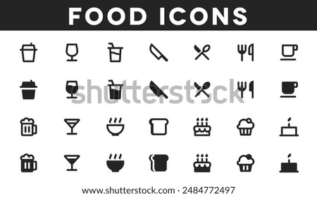Delectable food icons featuring restaurant delights, drinkware, and sweet treats, ideal for culinary graphics and menu designs.