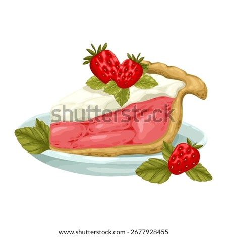 A delectable hand-drawn vector illustration of a strawberry tart slice with fresh berries and mint leaves on a plate. This sweet pastry is perfect for bakery menus, culinary blogs