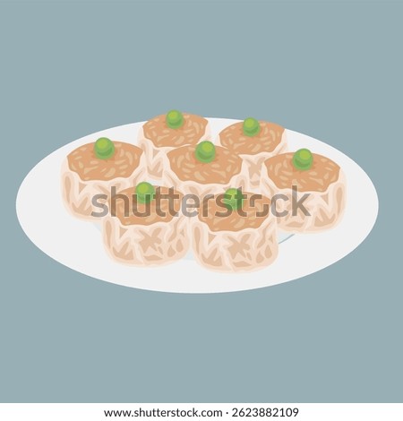 A delectable illustration of six steamed dumplings arranged on a pristine white plate, garnished with vibrant green peas.
