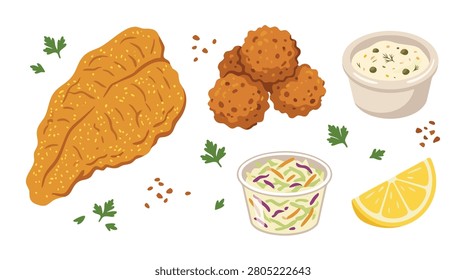 A delectable meal featuring crispy fried fish golden hushpuppies creamy tartar sauce fresh coleslaw and a zesty lemon wedge