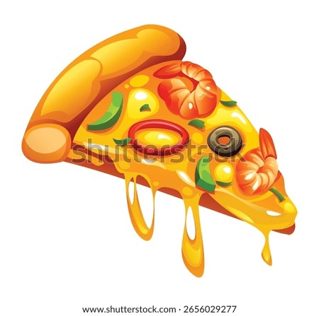 Delectable slice of seafood pizza with melting cheese, shrimp, olives, and bell peppers on a white background. Vector cartoon illustration