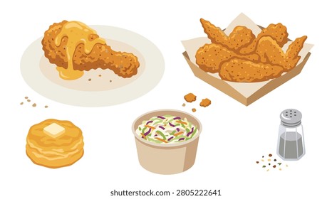 A delectable spread featuring crispy fried chicken drumstick and wings, served with a fluffy biscuit, creamy coleslaw, and a salt shaker.